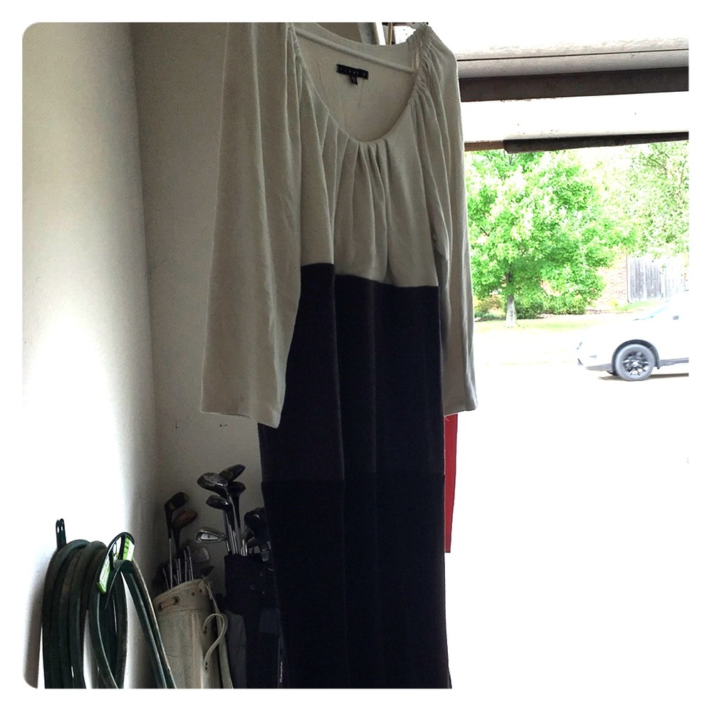 White/black/gray color block sweater dress.